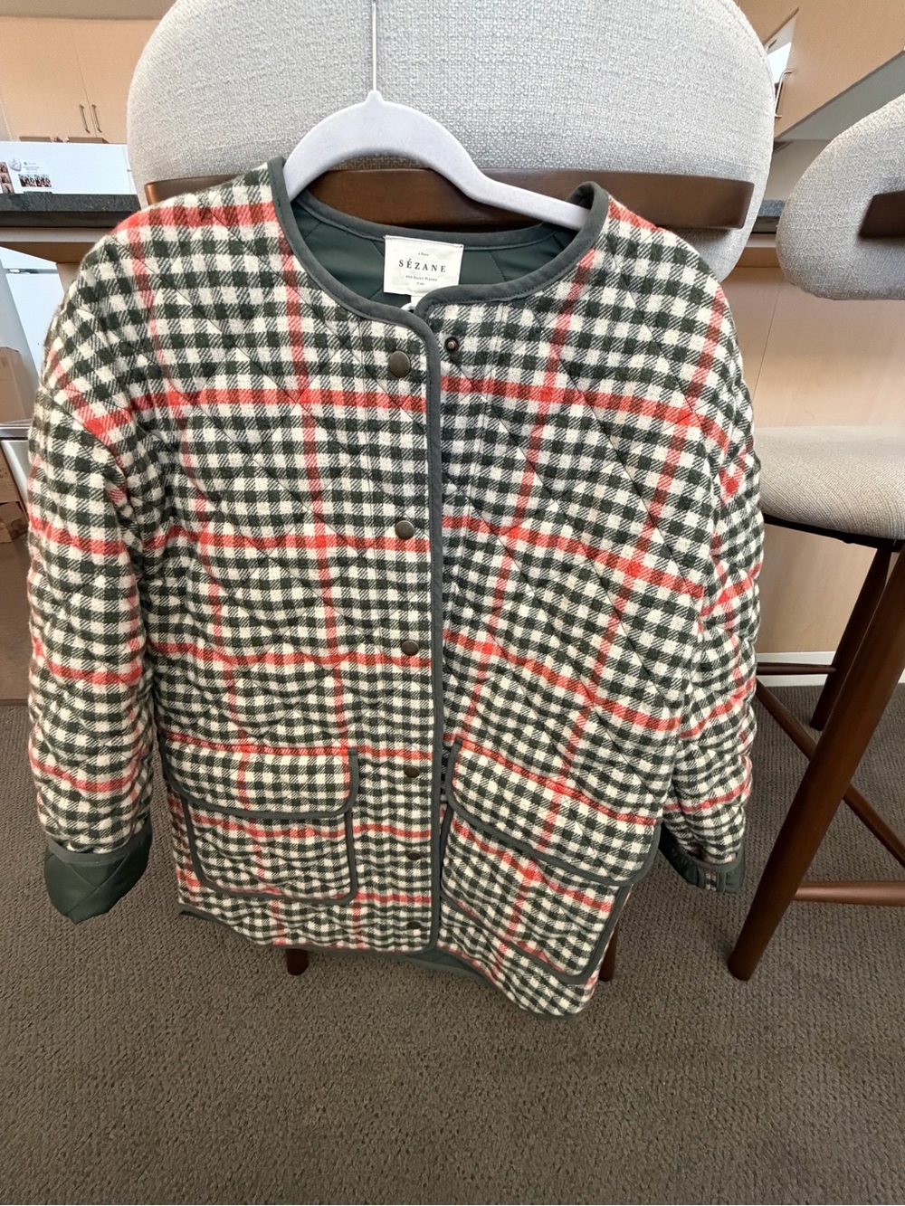 Sezane Quilted Plaid Jacket in Green & Cream